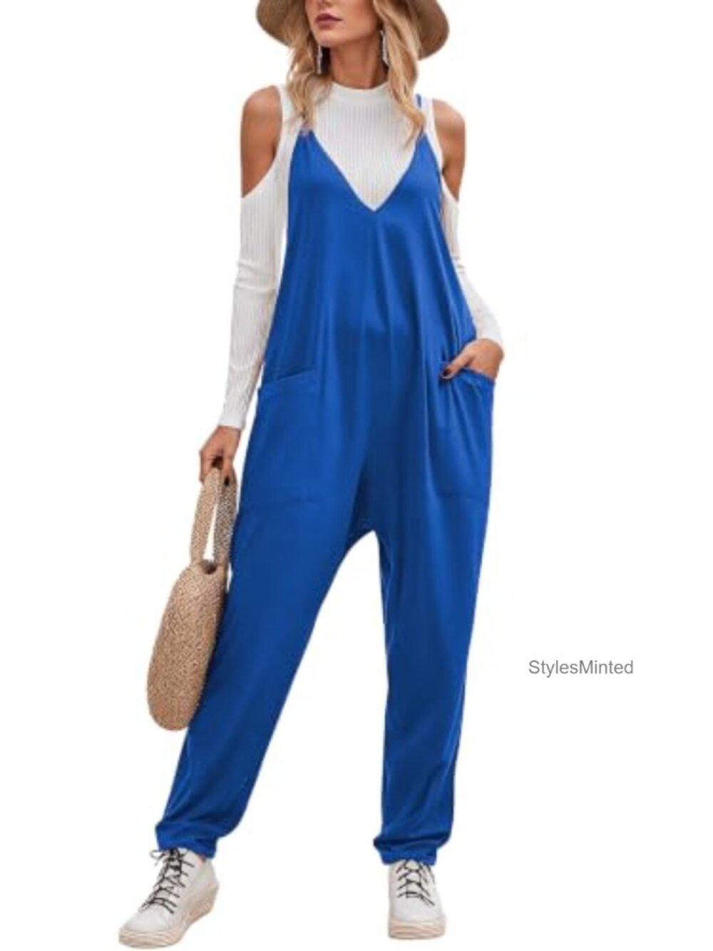 Women's Loose V Neck Sleeveless Jumpsuit Adjustable Spaghetti Strap Pockets